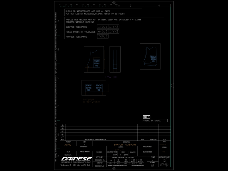 Dainese AG770 protective EVA foam inserts for transport