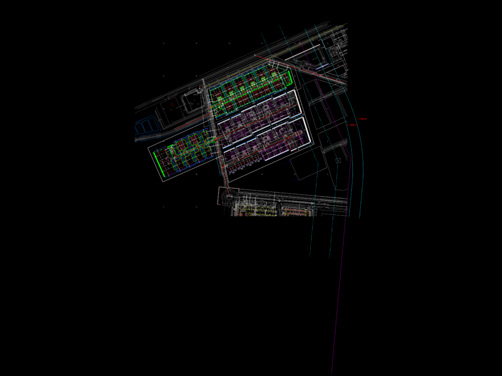 CAD drawing of a Dutch urban site plan showing residential plot divisions, building footprints, and surveying data.