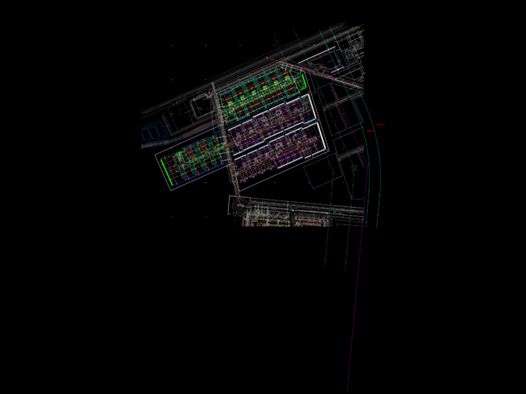 CAD drawing of a Dutch urban site plan showing residential plot divisions, building footprints, and surveying data.