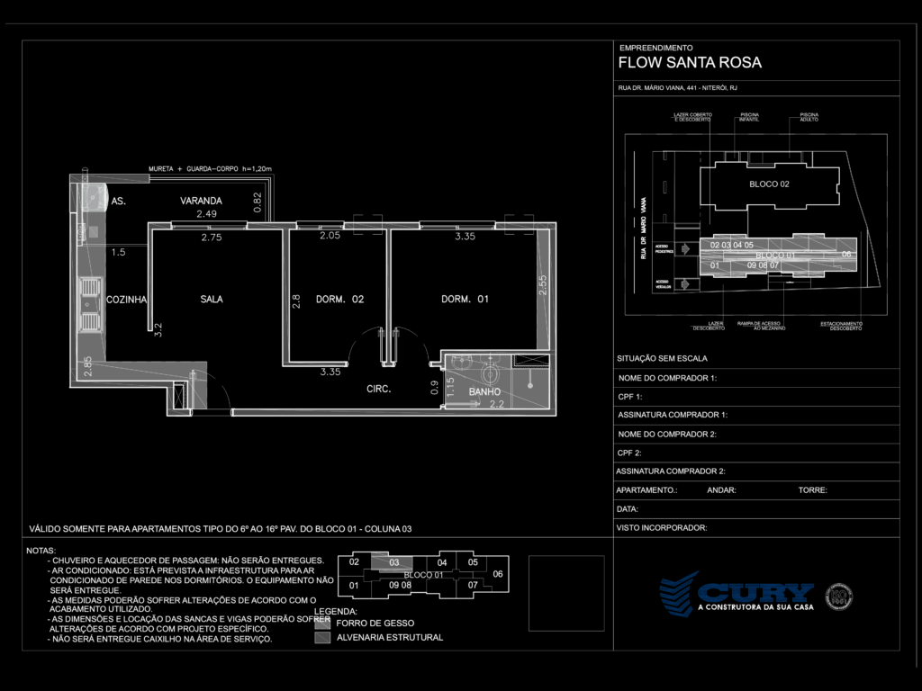 2D floor plan of a 2-bedroom apartment at Cury Flow Santa Rosa with dimensions, balcony, and kitchen.