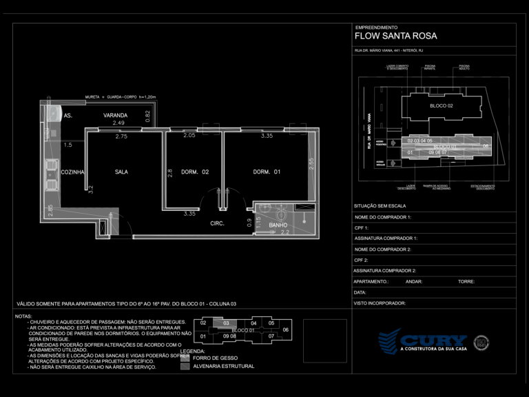 2D floor plan of a 2-bedroom apartment at Cury Flow Santa Rosa with dimensions, balcony, and kitchen.