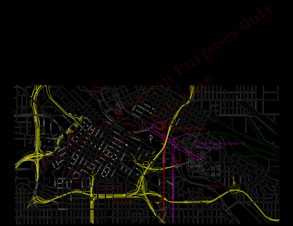 2D CAD city plan of central Minneapolis showing highways, street blocks, and the Mississippi River.
