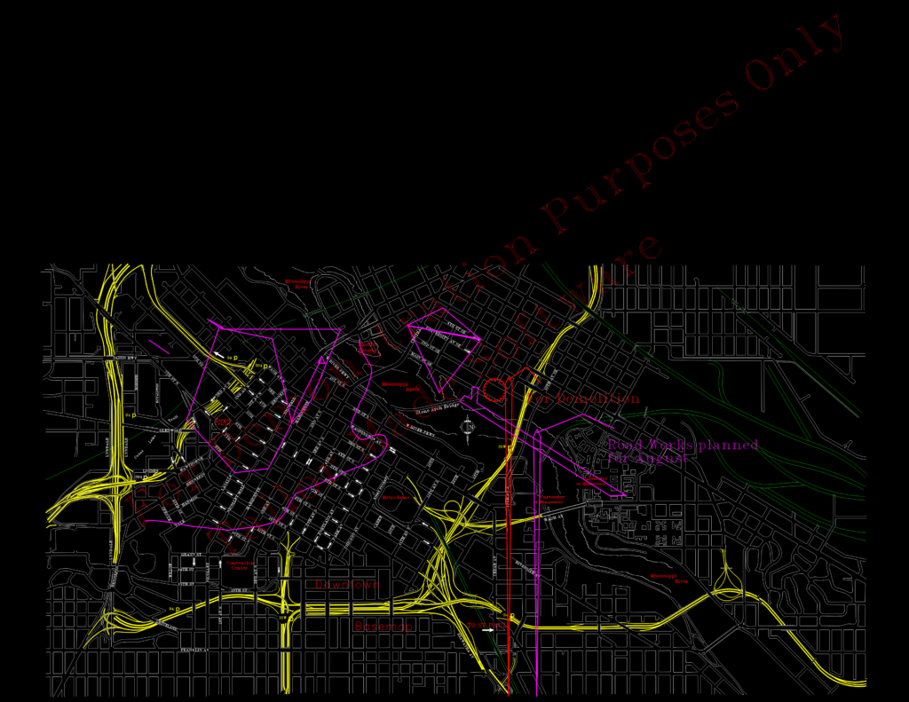 CAD drawing of central Minneapolis showing the Mississippi River, highway intersections, and city street grid.