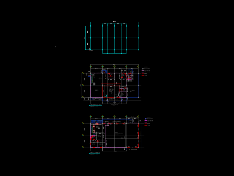 Structural column grid and floor plans for a mixed-use retail and residential building.
