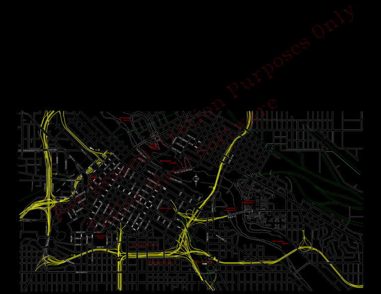 CAD base map showing the street grid, highways, and Mississippi River in downtown Minneapolis with landmark labels.