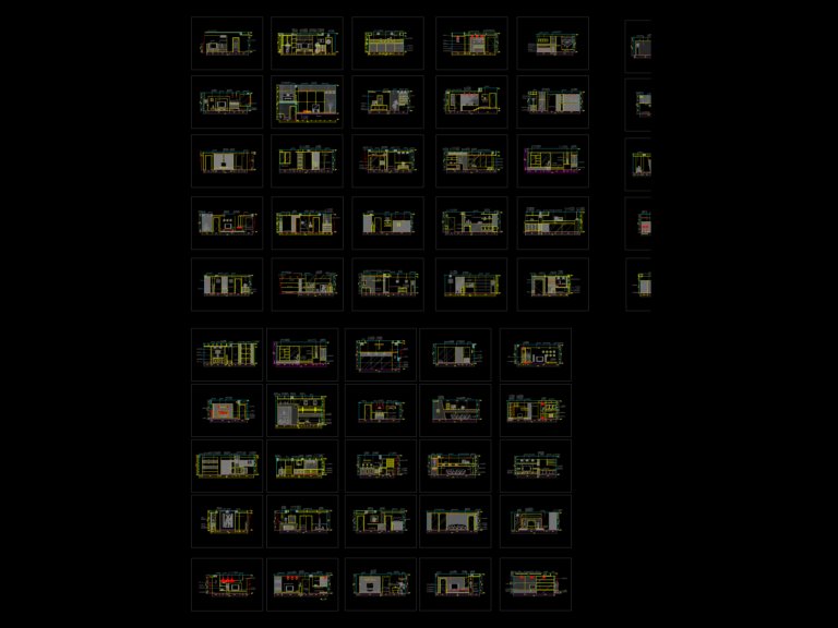 Grid of architectural elevations and sections for interior wall paneling and built-in cabinetry with dimension lines.