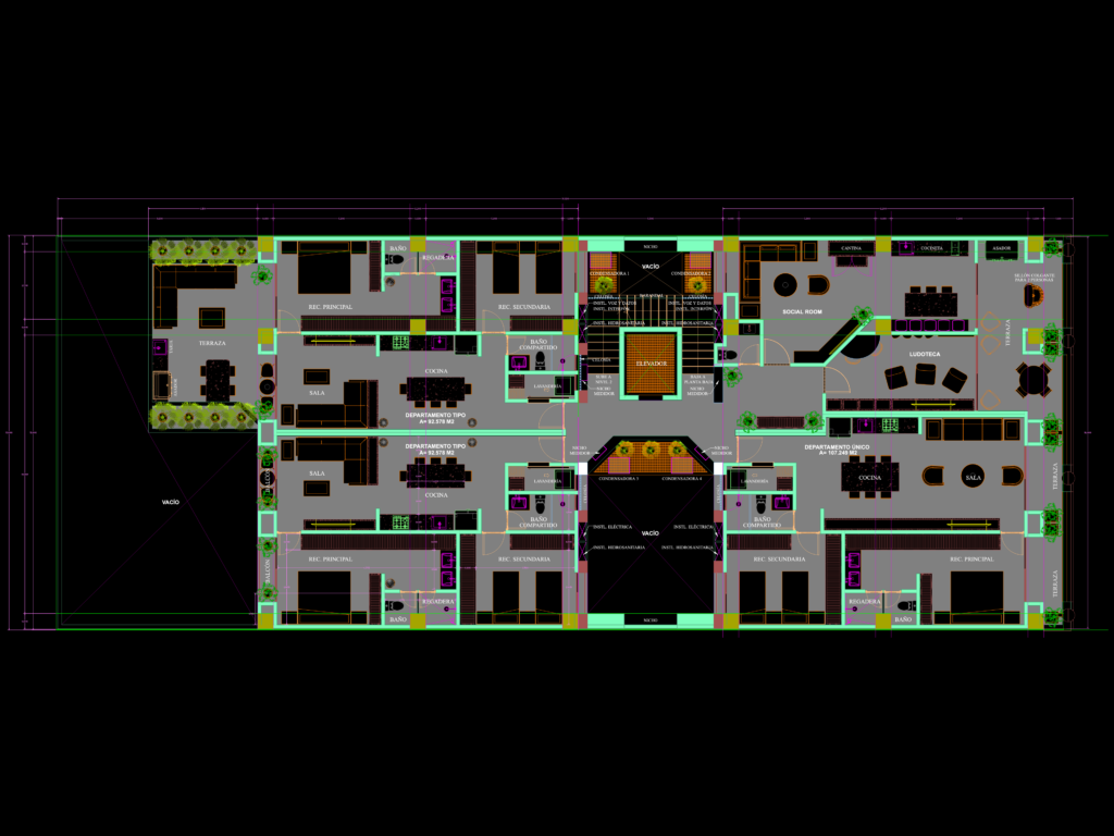 CAD floor plan of a residential first level featuring three 2-bedroom apartments, a social room, and a playroom.