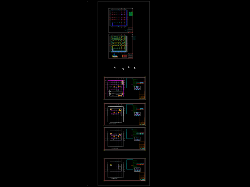 Architectural and structural CAD sheets for a commercial mall with foundation plans and floor layouts.
