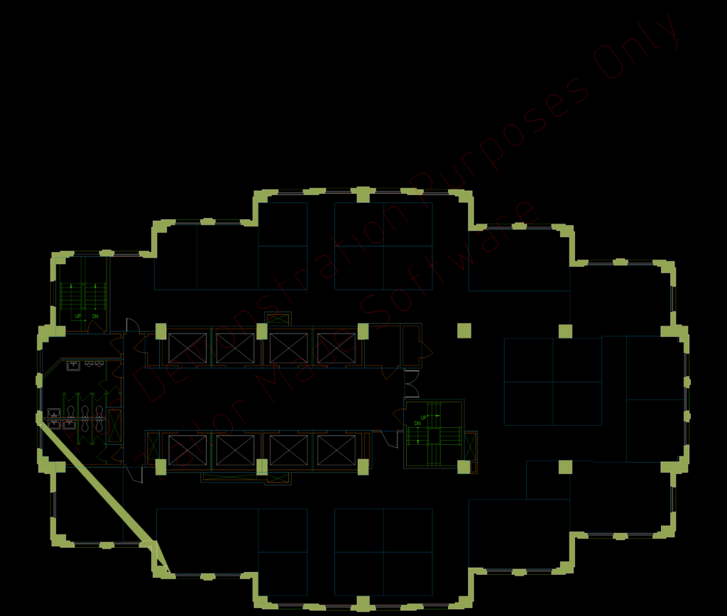 CAD floor plan of a commercial office level with central elevator core, workstations, restrooms, and stairs.