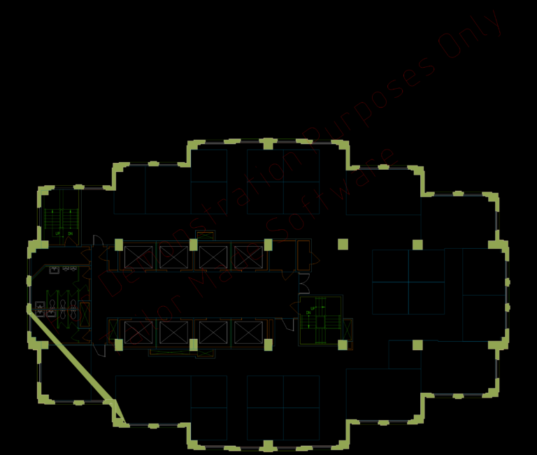 CAD floor plan of a commercial office level with central elevator core, workstations, restrooms, and stairs.