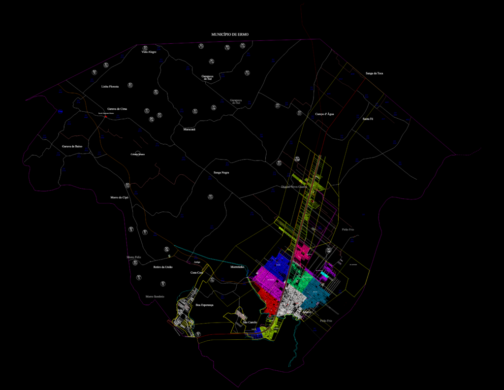 Urban cadastral plan of Sombrio municipality showing colored district zones, street grids, and highway alignment.