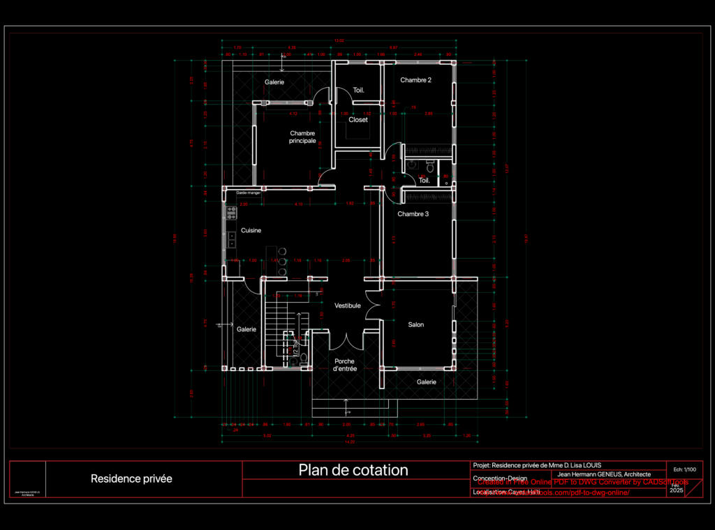 2D architectural floor plan of a 3-bedroom private house with room labels in French and full metric dimensions.