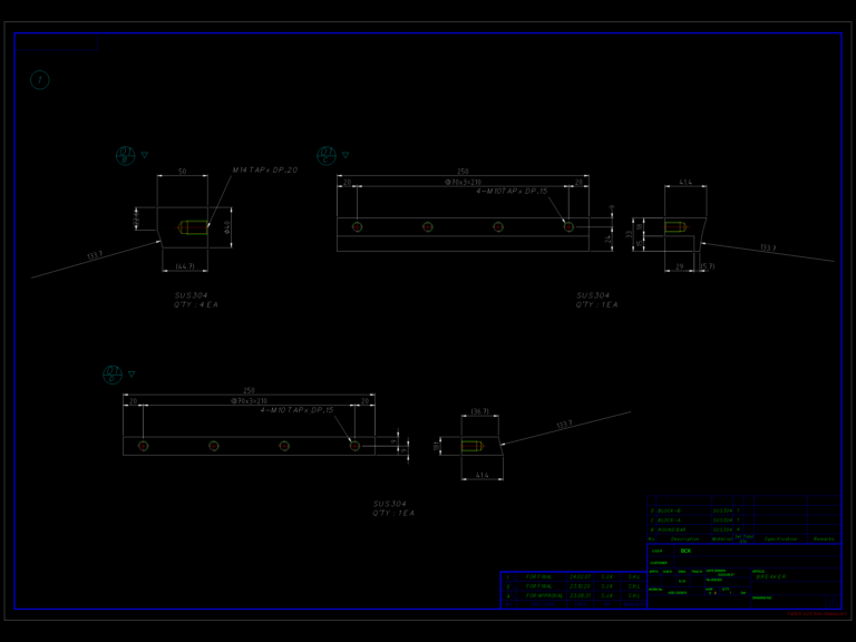 Mechanical detail drawing of an SUS304 breaker component showing dimensions, tap hole locations, and side profile.