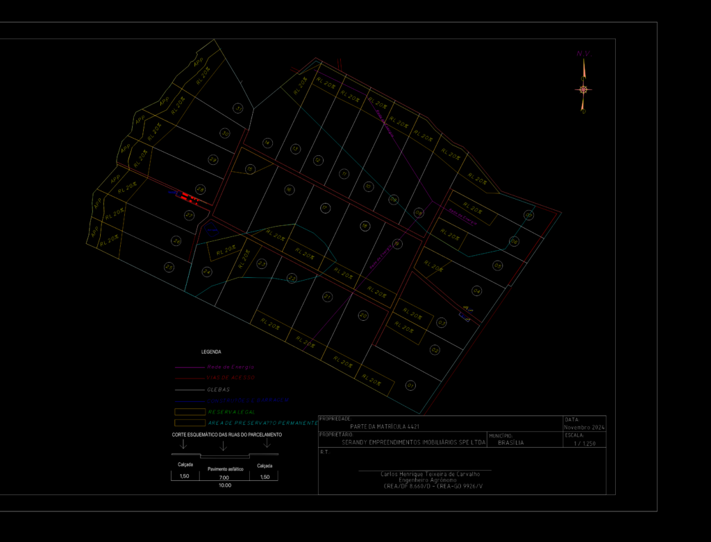 CAD site plan of a 31-lot rural subdivision in Brasília showing APP zones, legal reserves, and road cross-section.