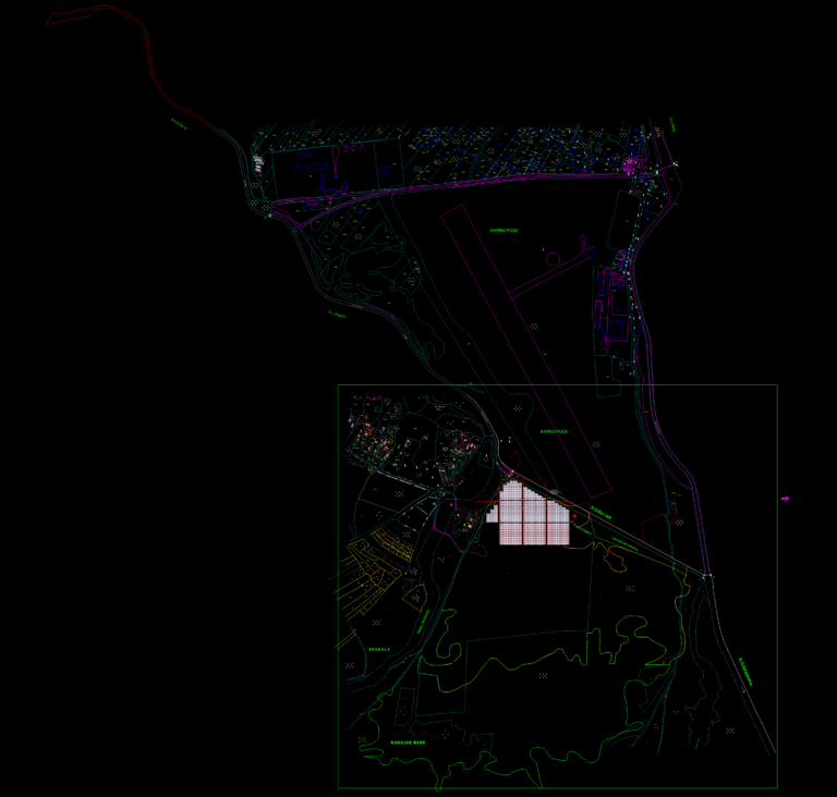 CAD site plan of a 4.8MW solar farm showing PV module arrays, transformer station, and surrounding infrastructure.