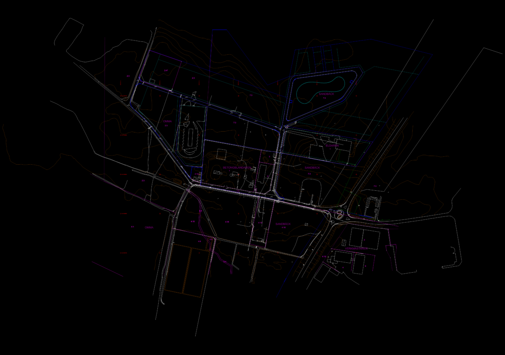 CAD site survey showing property boundaries, building footprints, and 1m topography contours for Sandbäck 7:3 in Sjöbo.