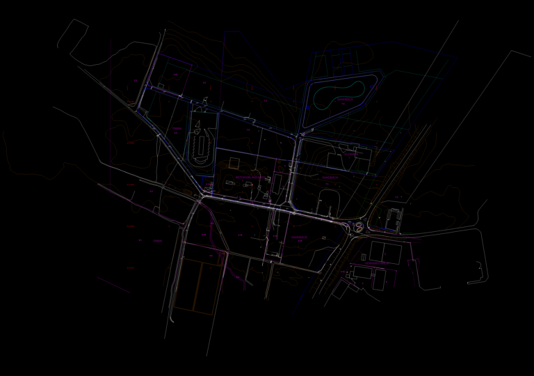 CAD site survey showing property boundaries, building footprints, and 1m topography contours for Sandbäck 7:3 in Sjöbo.