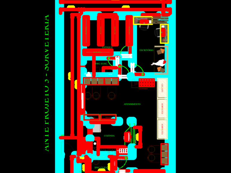 2D CAD floor plan for an ice cream parlor with zones for kitchen, storage, office, and gelato service areas.