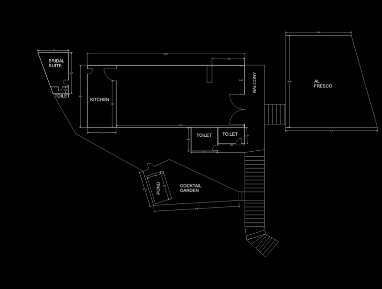 CAD floor plan of a wedding venue including a bridal suite, kitchen, cocktail garden, and al fresco dining zone.