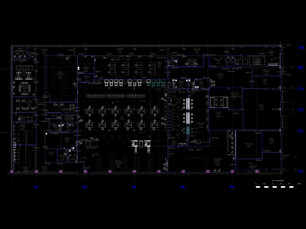 Architectural ground floor plan of a sterile services and endoscopy facility with equipment layouts and structural grid.