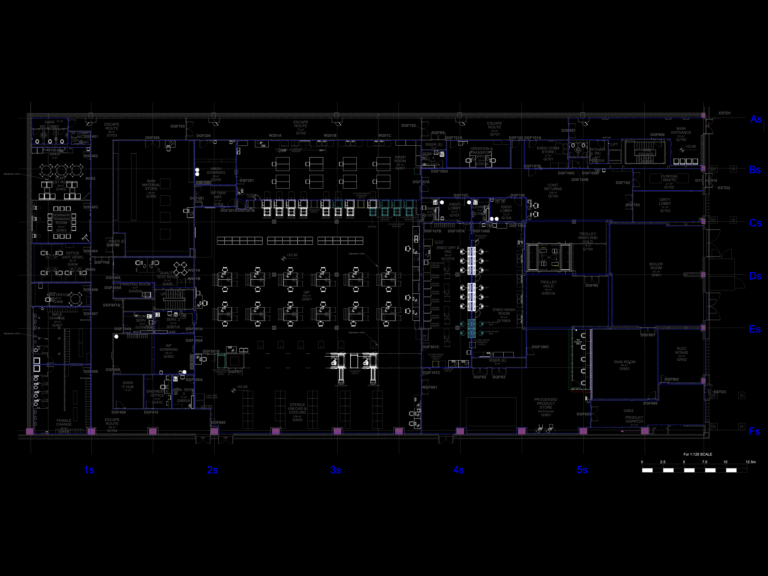 Architectural ground floor plan of a sterile services and endoscopy facility with equipment layouts and structural grid.