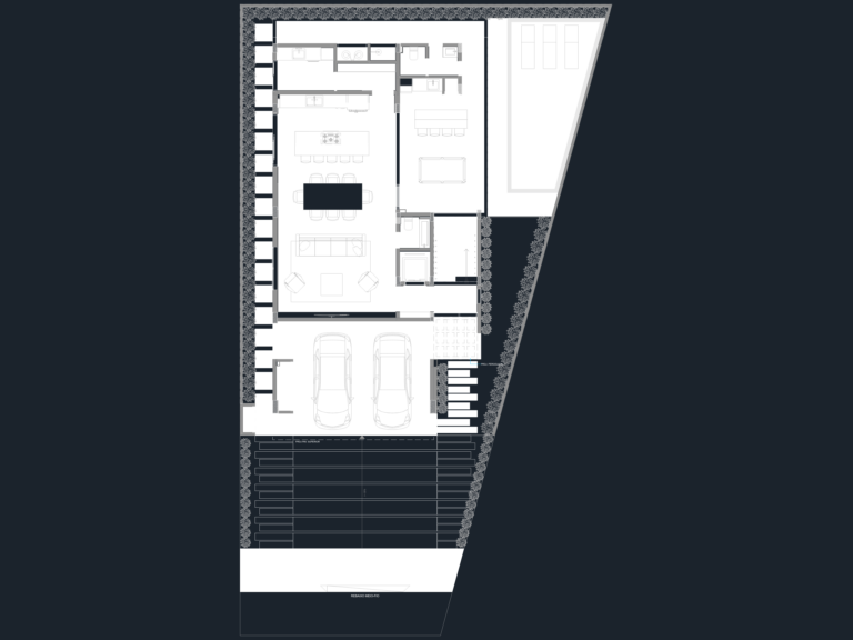 Architectural ground floor house plan showing a double garage, open-plan living, gourmet area, and swimming pool.
