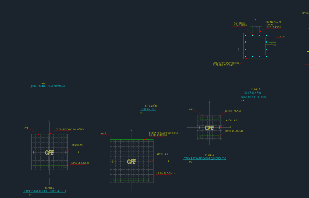 CAD plan of a fiber optic register and sectional details of concrete-encased underground electrical duct banks.