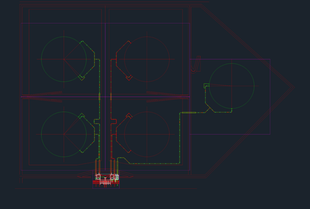CAD plan view of industrial tank farm layout with circular storage tanks, bund walls, and 42-inch piping routing.