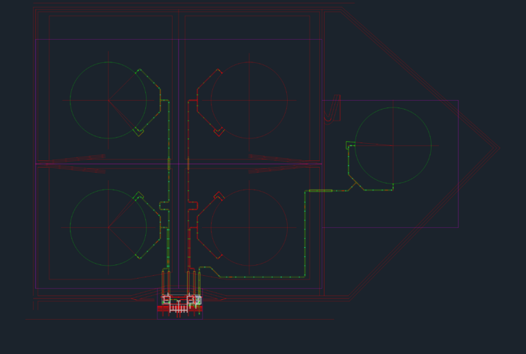 CAD plan view of industrial tank farm layout with circular storage tanks, bund walls, and 42-inch piping routing.