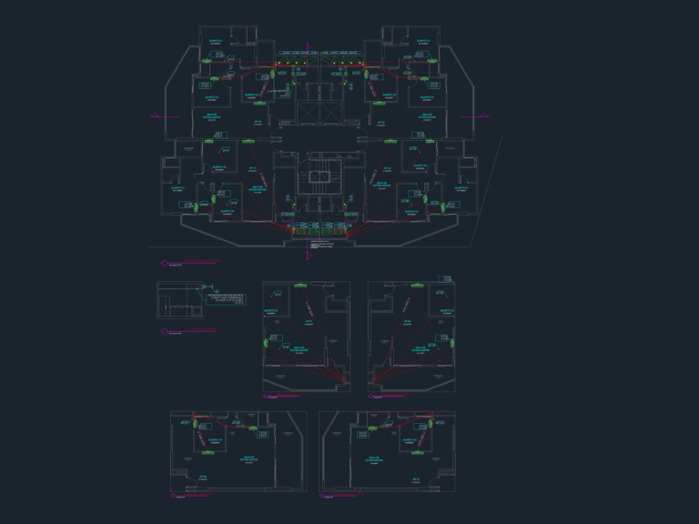 CAD floor plan showing residential HVAC layout with evaporator units, condenser locations, and refrigerant line routing.