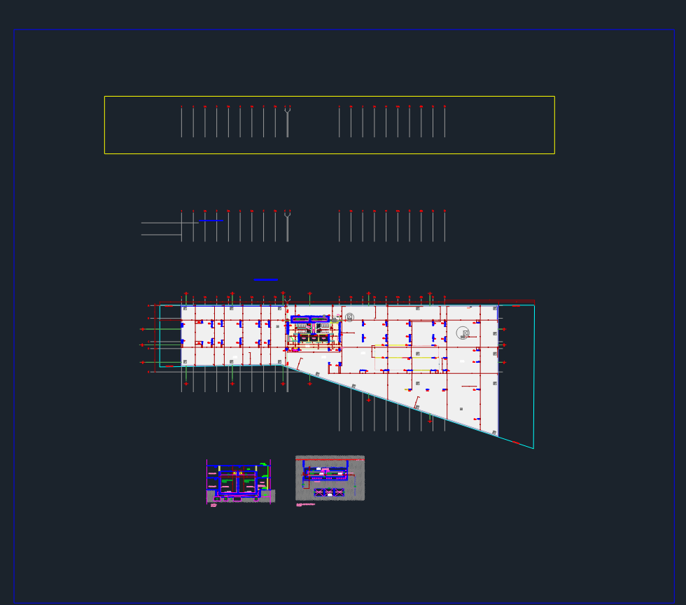 Architectural plan of a 2nd basement level with parking spaces, reservoir sections, and pile foundation structural grid.