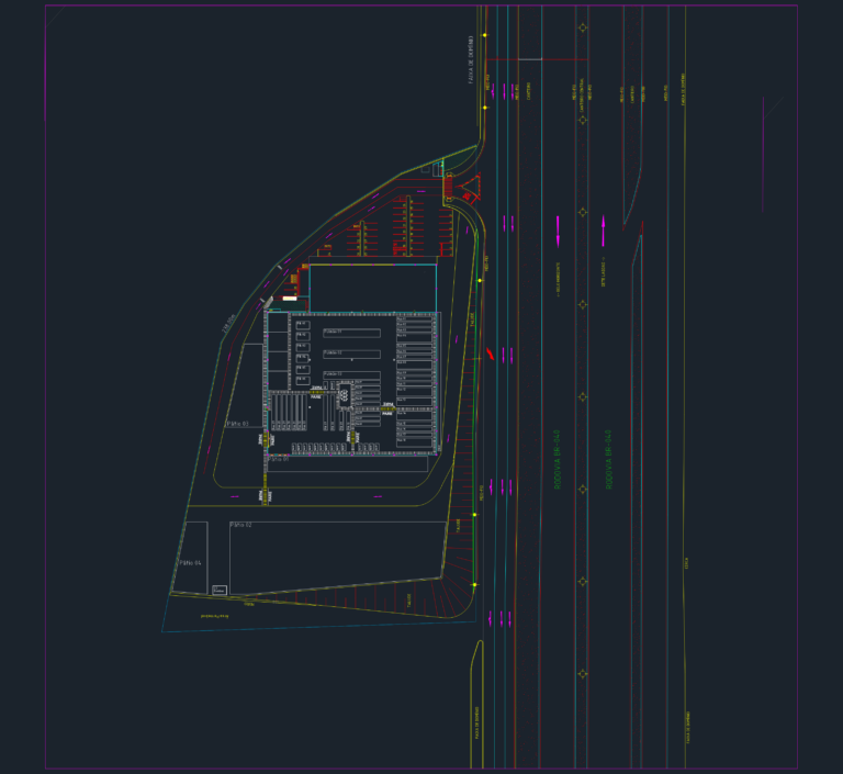CAD site plan of a logistics terminal on BR-040 highway with truck staging areas, parking bays, and road markings.