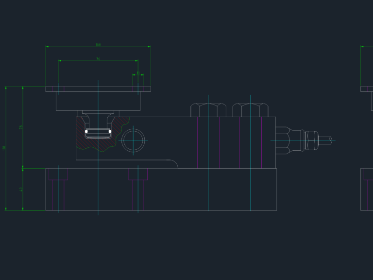 Side elevation CAD drawing of a Flintec SB4 load cell assembly with dimensions, rubber element, and base plate.