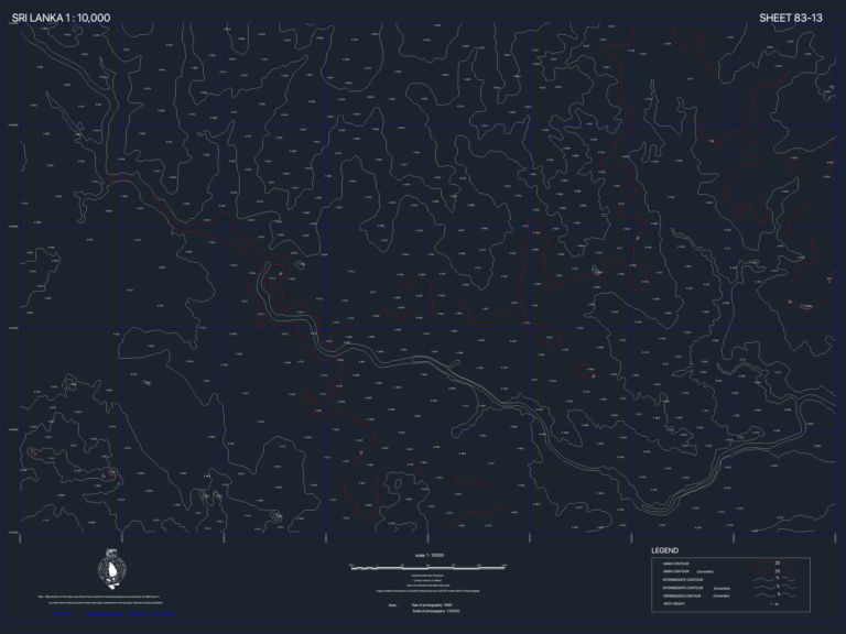 Topographic map of Sri Lanka sheet 83-13 at 1:10,000 scale with 5m contours, spot heights, and grid lines.