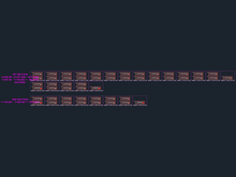 AutoCAD layout of road cross sections and profiles from station 0+000 to 1+324 with DPWH standard details.