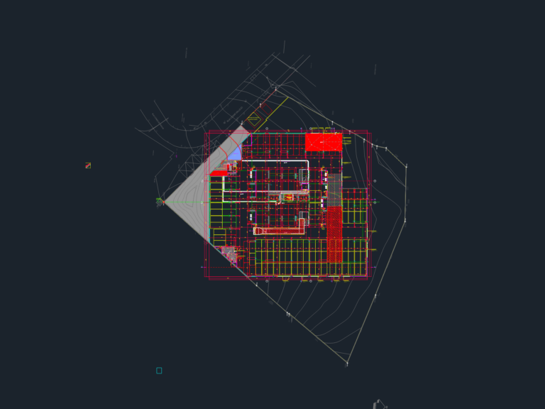 AutoCAD floor plan showing the first basement level of a residential building with parking stalls and access ramps.