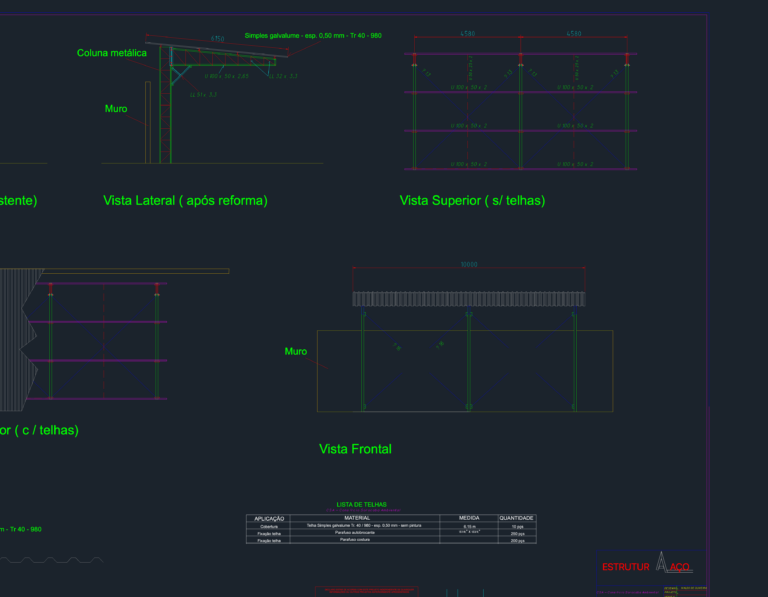 Top view plan of a structural steel canopy frame with trapezoidal roofing tiles and cross-bracing.
