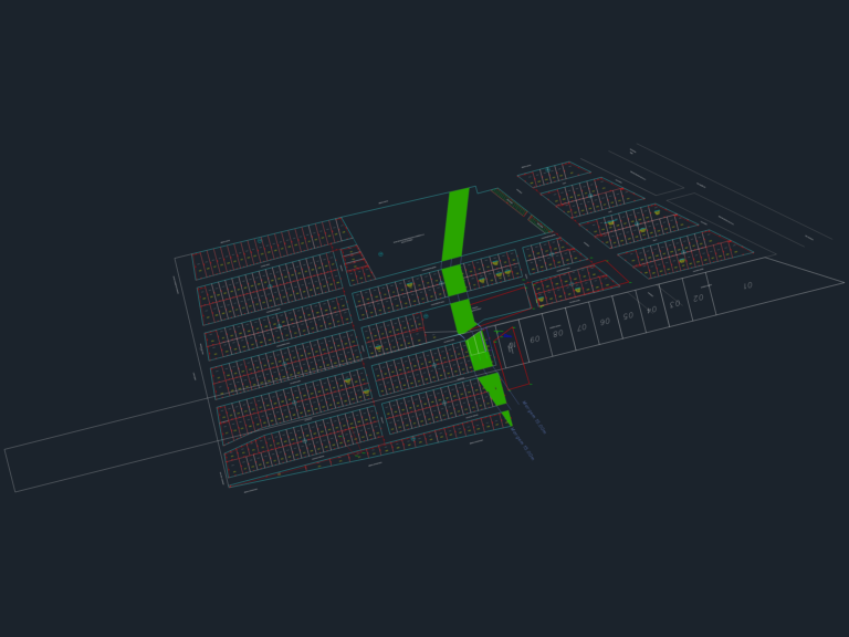 Technical urban subdivision layout showing numbered land lots, street network, and a highlighted 15m setback zone.