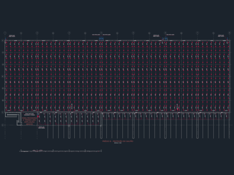 Sprinkler protection layout plan for warehouse Building B showing piping grid, ESFR heads, and VGA station locations.