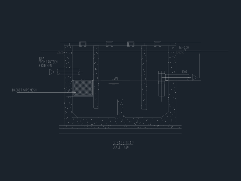 CAD section drawing of a commercial kitchen grease trap with chequer plate steel cover and inlet/outlet pipes.