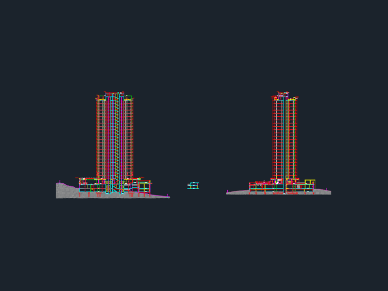 Architectural CAD cross-sections of a high-rise residential tower showing basement and mechanical levels.
