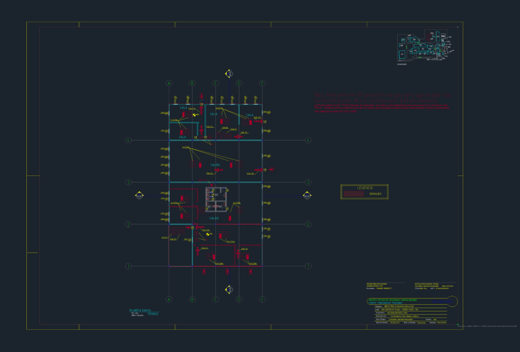 Industrial building ground floor plan showing fire safety symbols for extinguishers, hydrants, and alarms on a CAD layout.
