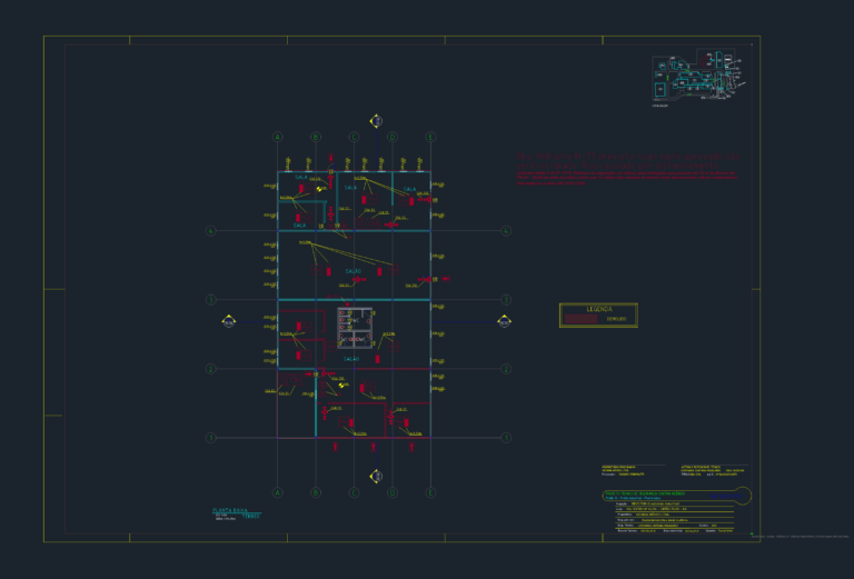 Industrial building ground floor plan showing fire safety symbols for extinguishers, hydrants, and alarms on a CAD layout.