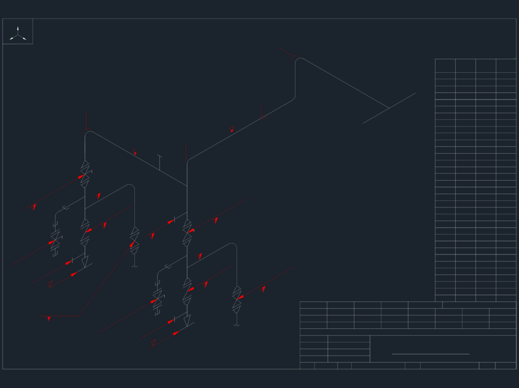 2D isometric CAD drawing of raw oil pump piping layout with gate valves, check valves, and bill of materials table.