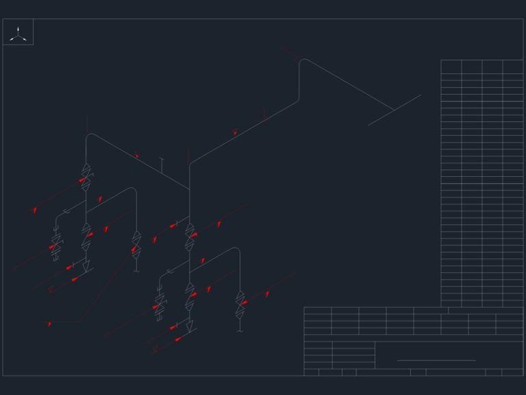 2D isometric CAD drawing of raw oil pump piping layout with gate valves, check valves, and bill of materials table.