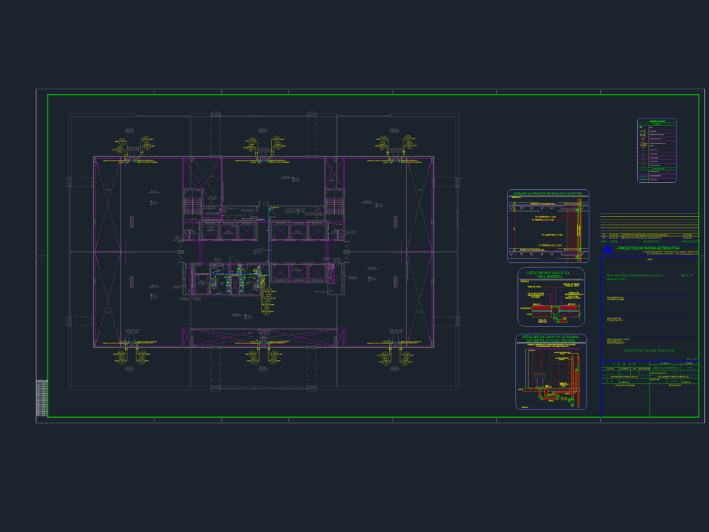 CAD floor plan of a technical roof level with drainage, sewage, and ventilation piping layouts and installation details.