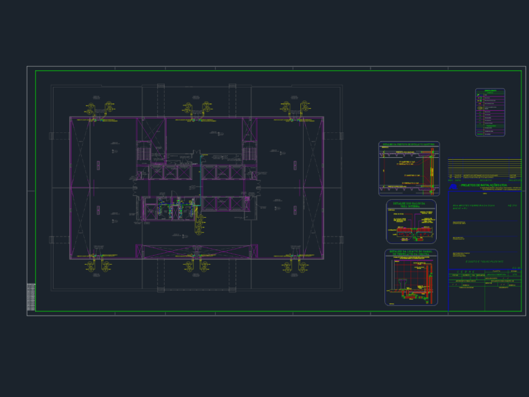 CAD floor plan of a technical roof level with drainage, sewage, and ventilation piping layouts and installation details.