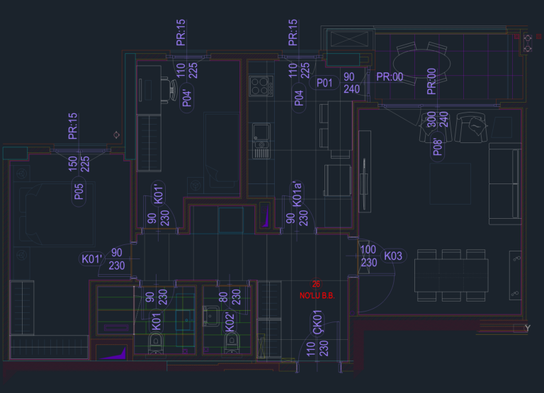 Architectural CAD floor plan of a 2+1 apartment showing furniture layout, dimensions, door codes, and room divisions.