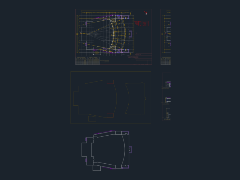 CAD ground floor plan of a 700-seat auditorium and gymnasium with tiered seating, stage, and opening schedules.