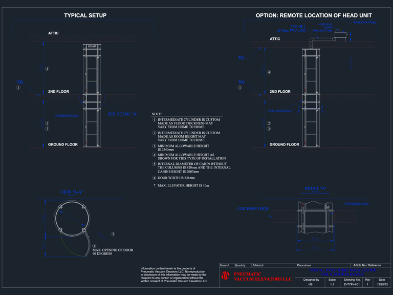 Section and plan drawings of a PVE37 vacuum elevator installation showing typical setup and floor penetration details.